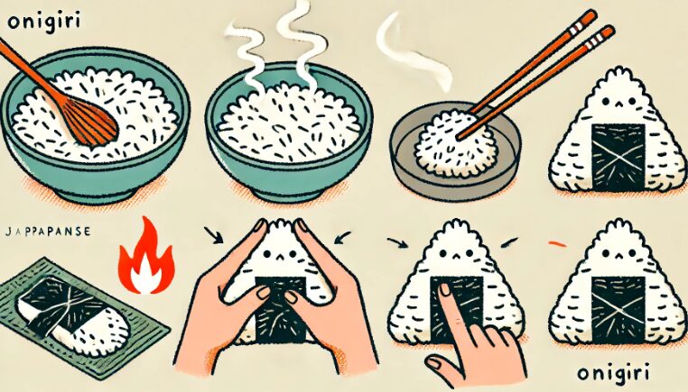 A simple, hand-drawn illustration of making onigiri