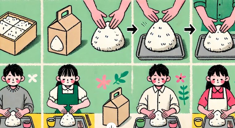 the differences between traditional firmly shaped onigiri and fluffy omusubi.